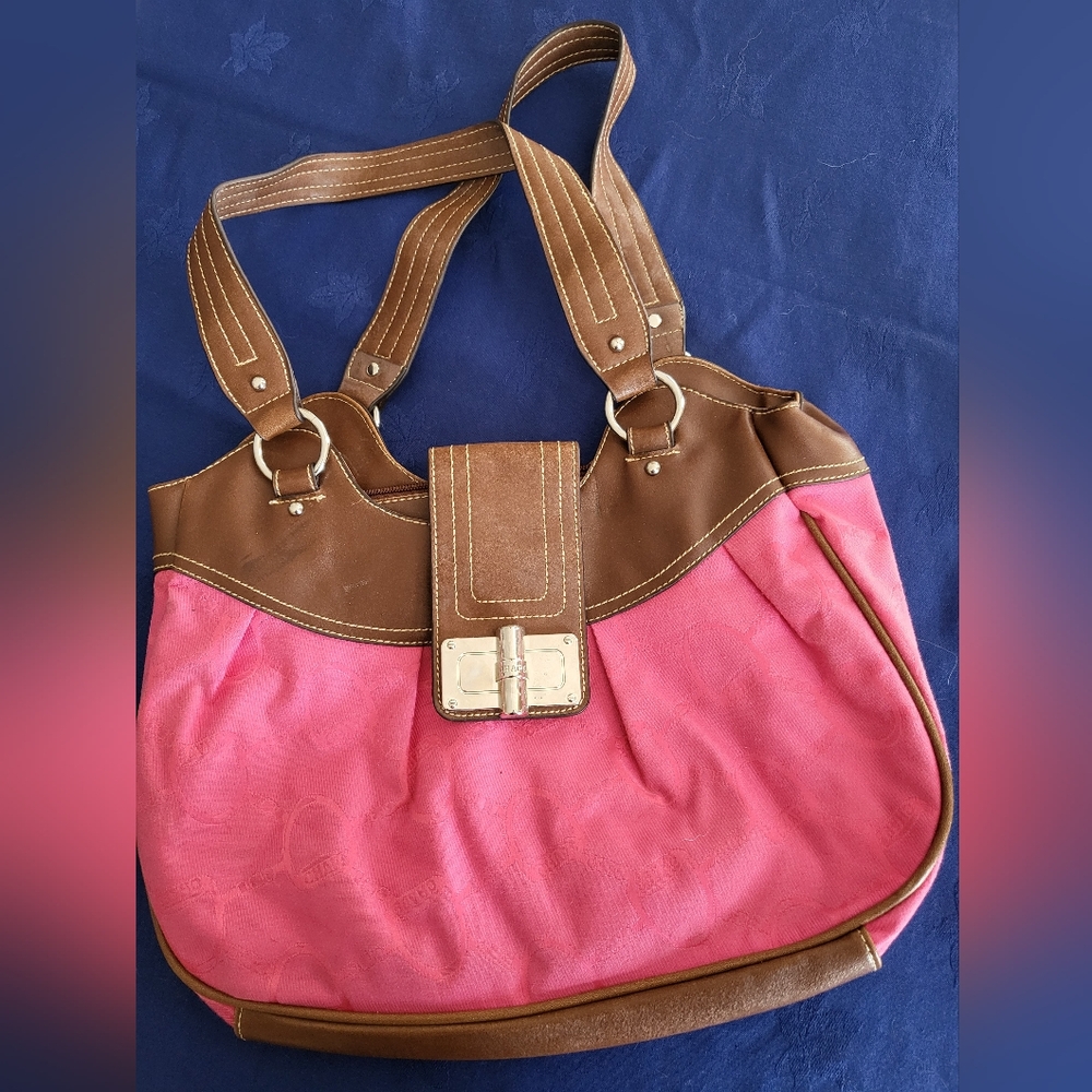 Chaps Bright Pink Canvas and Brown Vegan Leather Strap Shoulder Bag